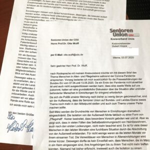 Brief an die Senioren-Union zu Einschränkungen der Grundrechte von alten und/oder behinderten Menschen in Einrichtungen während der Corona-Pandemie