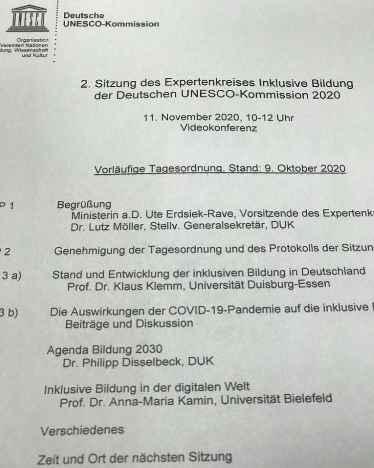 Tagesordnung zur Onlinesitzung 11.11.20 Inklusive Bildung